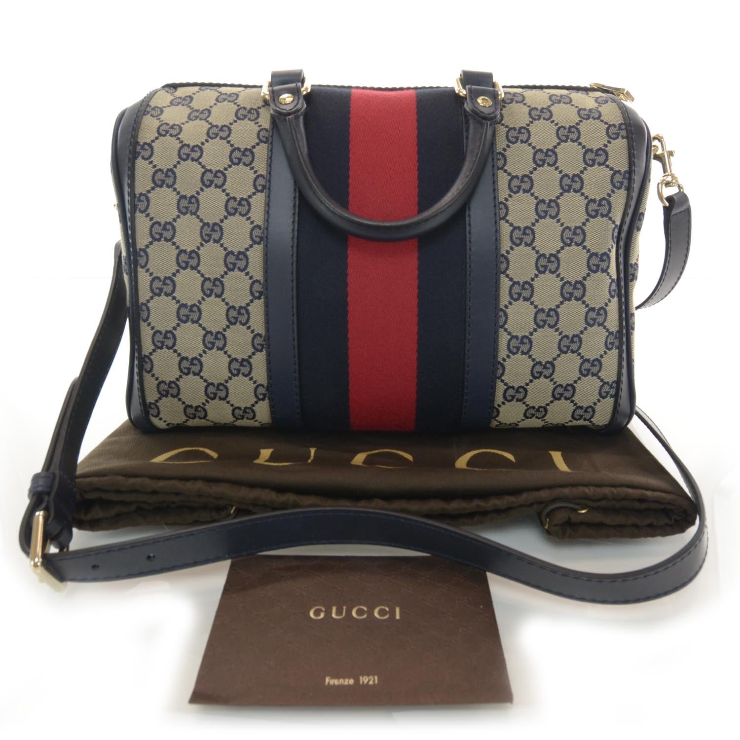 Gucci Monogram Selleria Calfskin Vintage Web Medium Boston Beige Blue 3 of 9