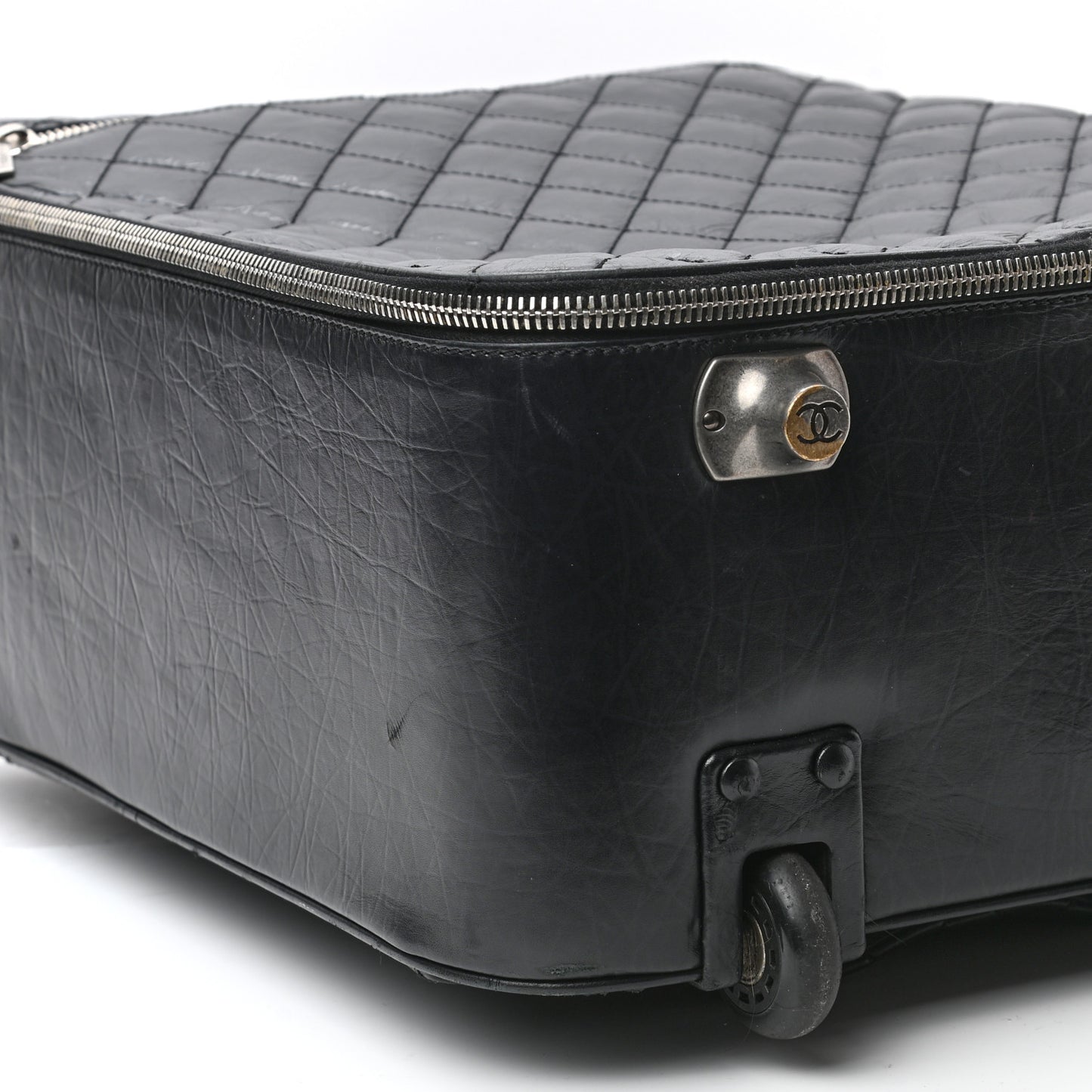 Aged Calfskin Quilted Trolley Rolling Luggage Black