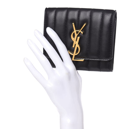 Saint Laurent Lambskin Matelasse Monogram Vicky Tri-Fold Wallet Black 2 of 7