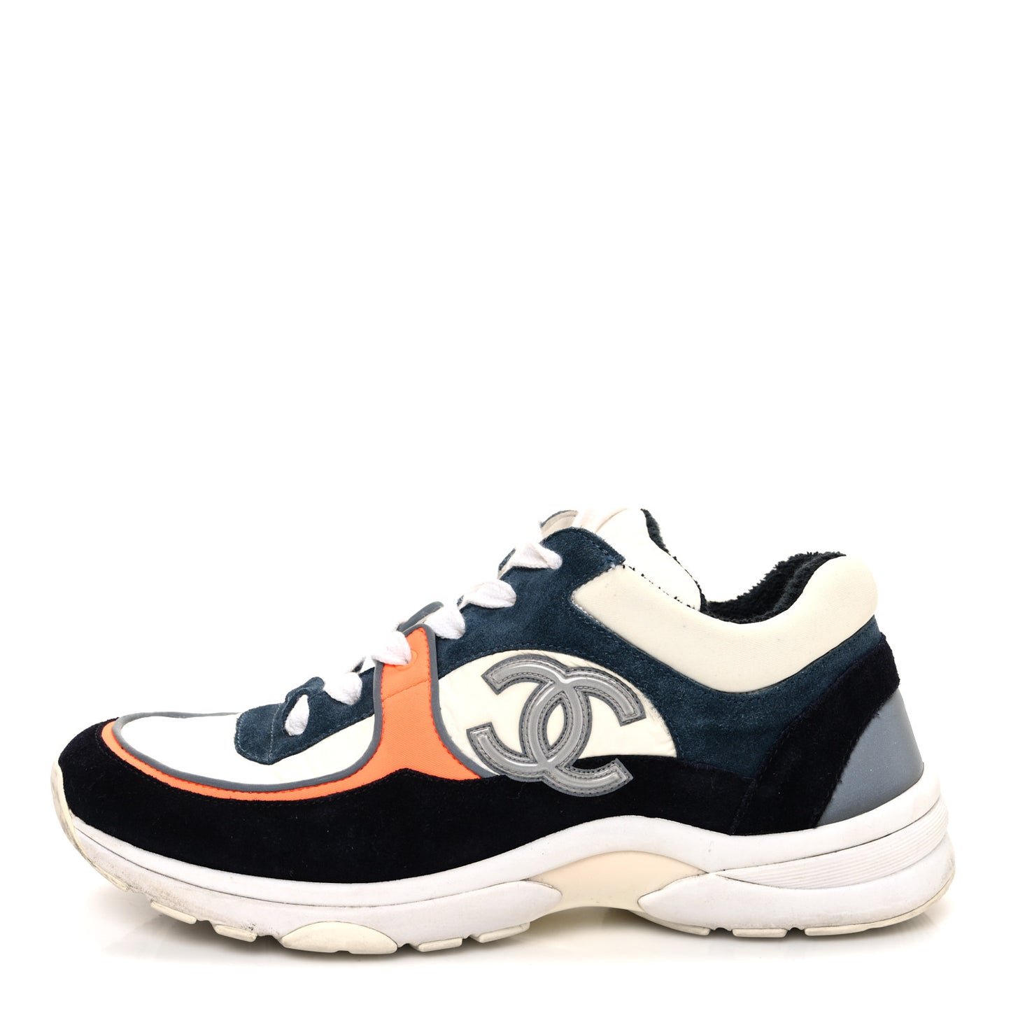 Nylon Calfskin Suede CC Womens Sneakers 38.5 Navy White Orange
