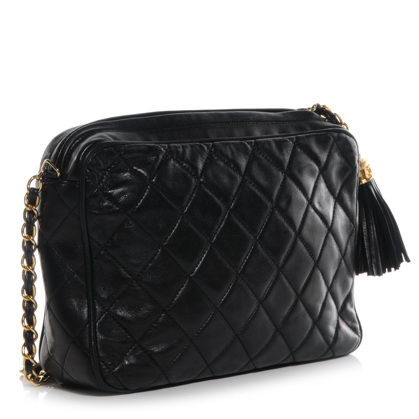 Lambskin Quilted Tassel Camera Case Black