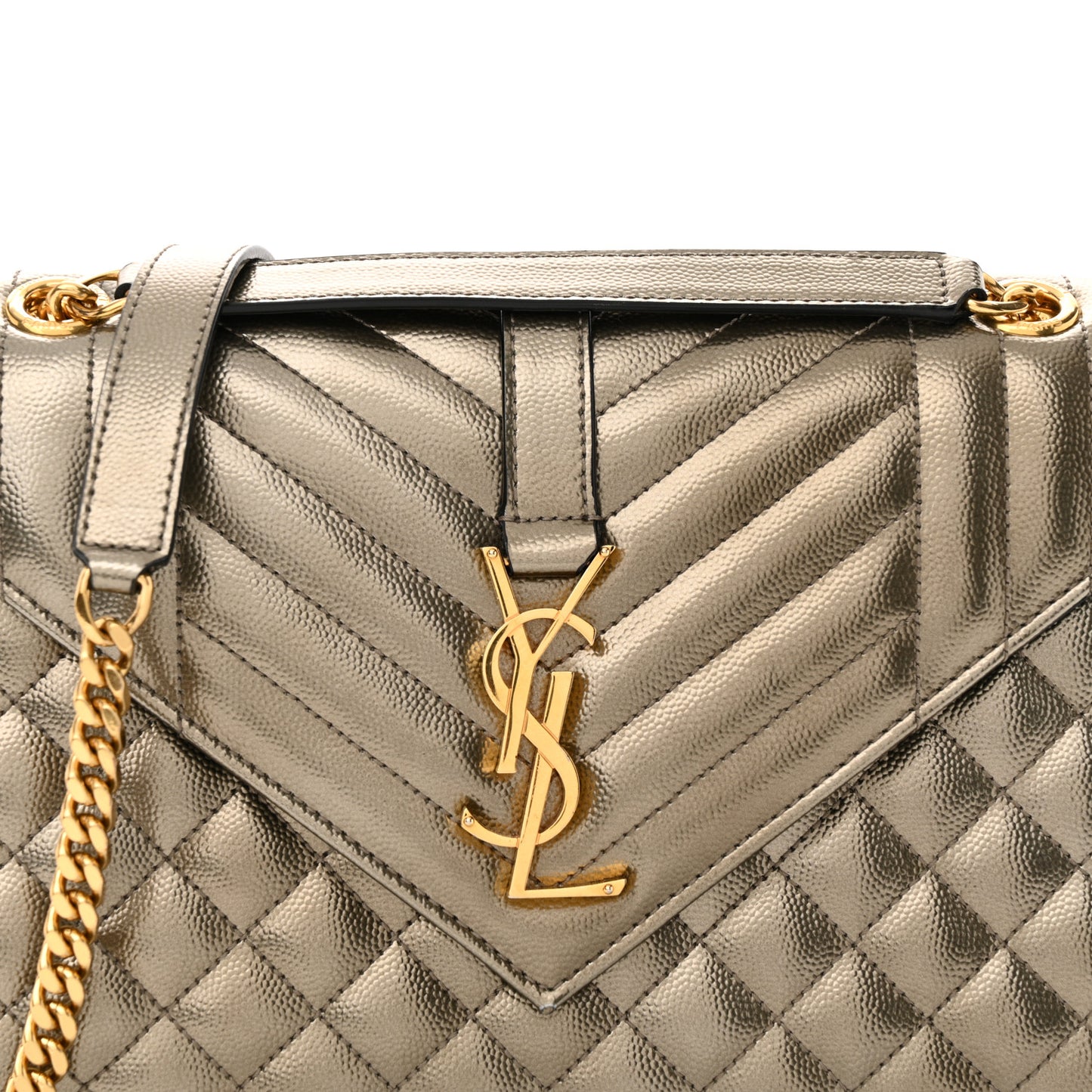 Metallic Grain De Poudre Textured Mixed Matelasse Triquilt Medium Monogram Satchel Gold