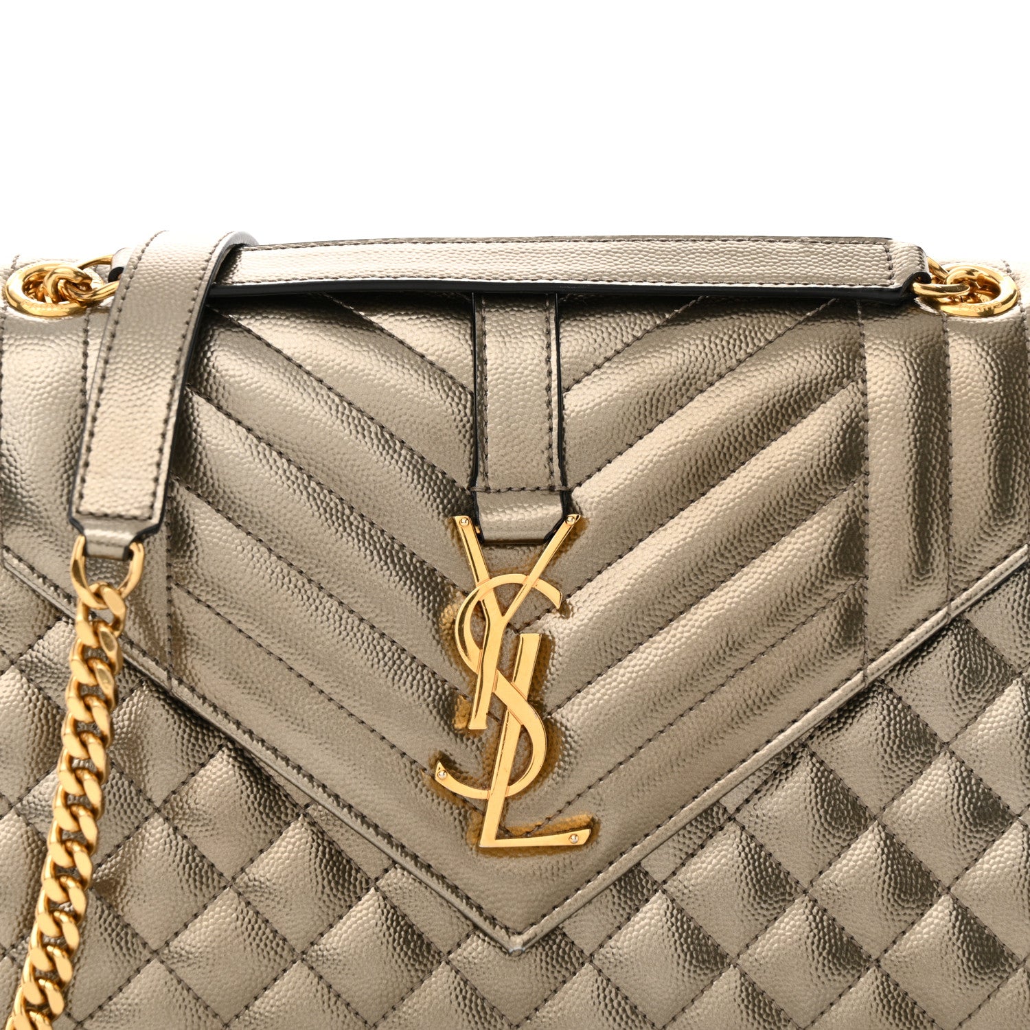 Saint Laurent Metallic Grain De Poudre Textured Mixed Matelasse Triquilt Medium Monogram Satchel Gold 7 of 16