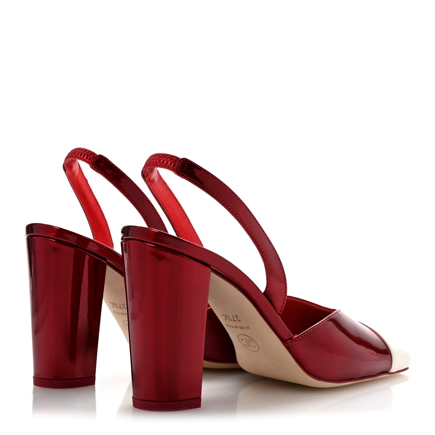 Chanel Lambskin Laminated Calfskin Cap Toe CC Slingback Pumps 37.5 Red Ivory 5 of 10