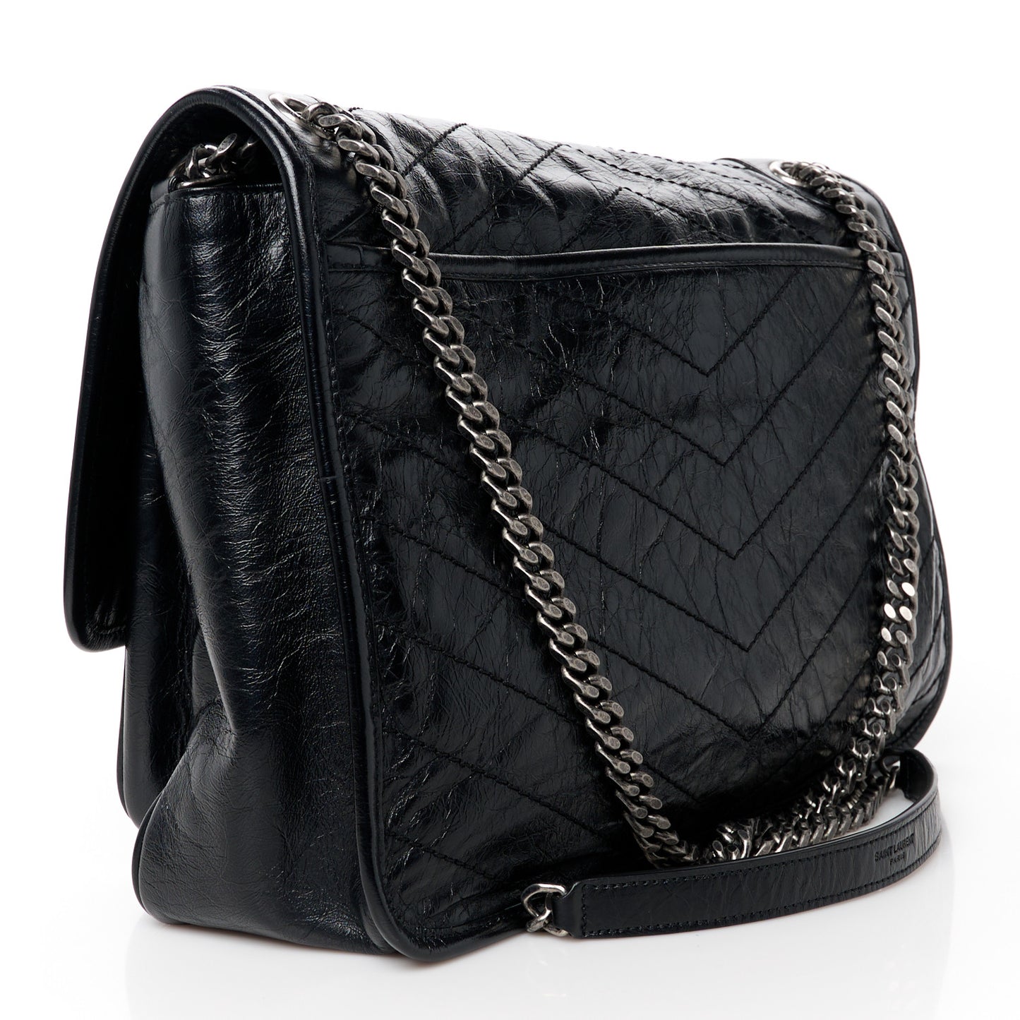Crinkled Calfskin Matelasse Monogram Large Niki Chain Satchel Black