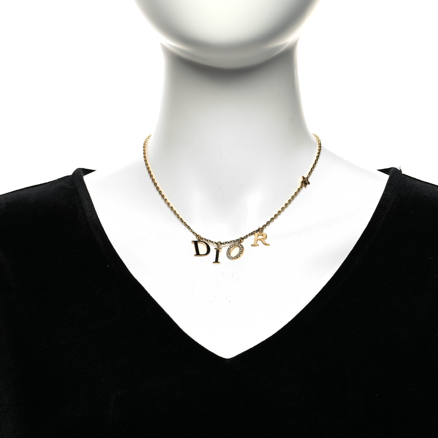Christian Dior Metal Crystal Logo Necklace Gold 2 of 5