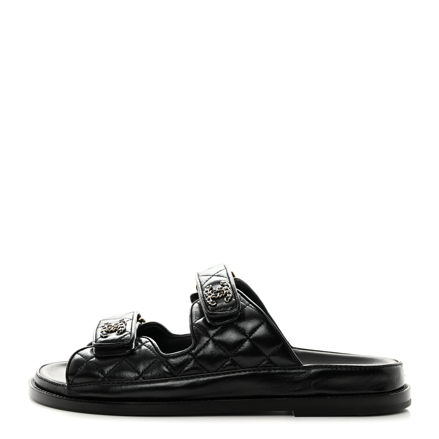 Lambskin Quilted Velcro Dad Chain CC Slide Sandals 37.5 Black