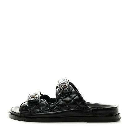 Chanel Lambskin Quilted Velcro Dad Chain CC Slide Sandals 37.5 Black 1 of 9
