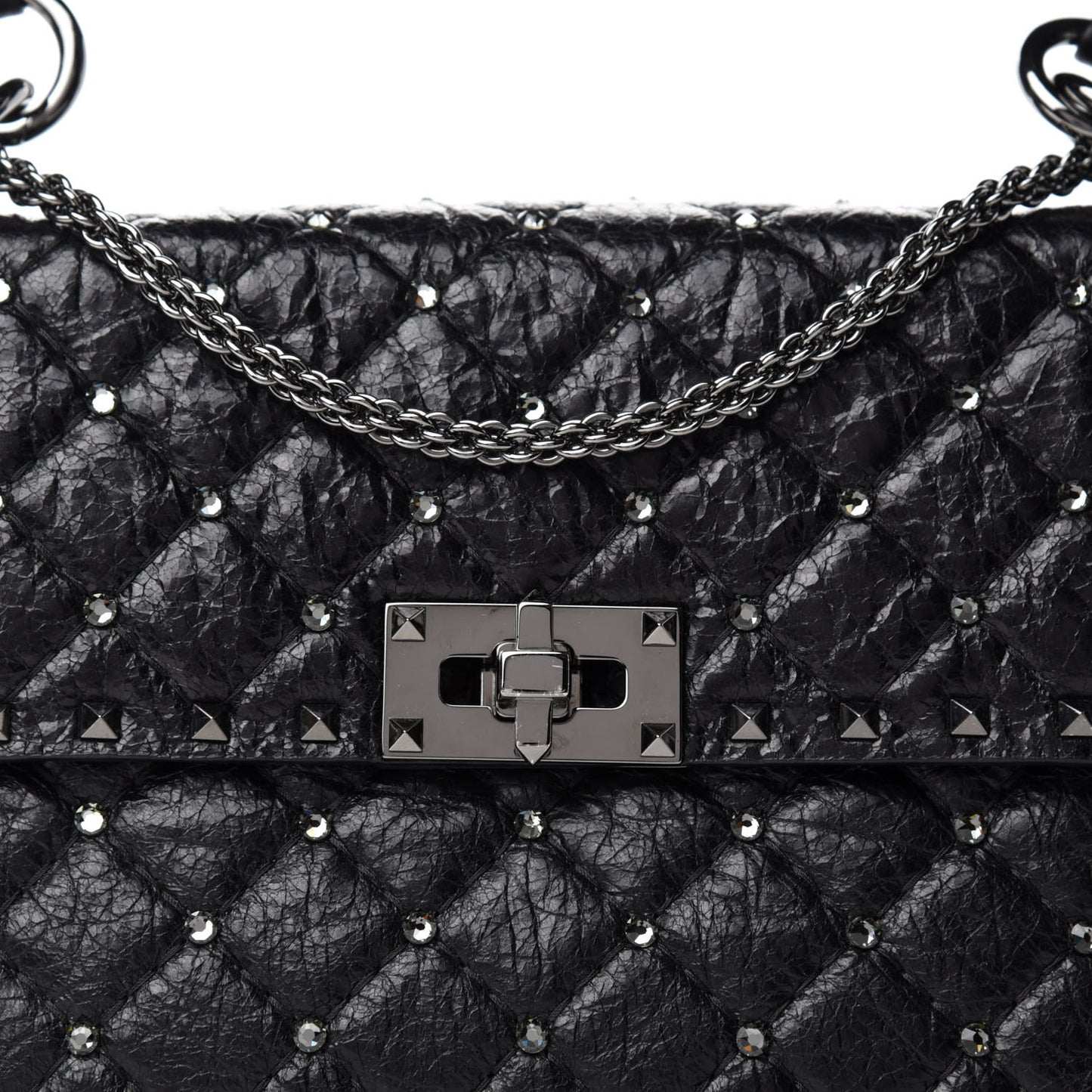 Craquele Nappa Medium Rockstud Spike Shoulder Bag Black