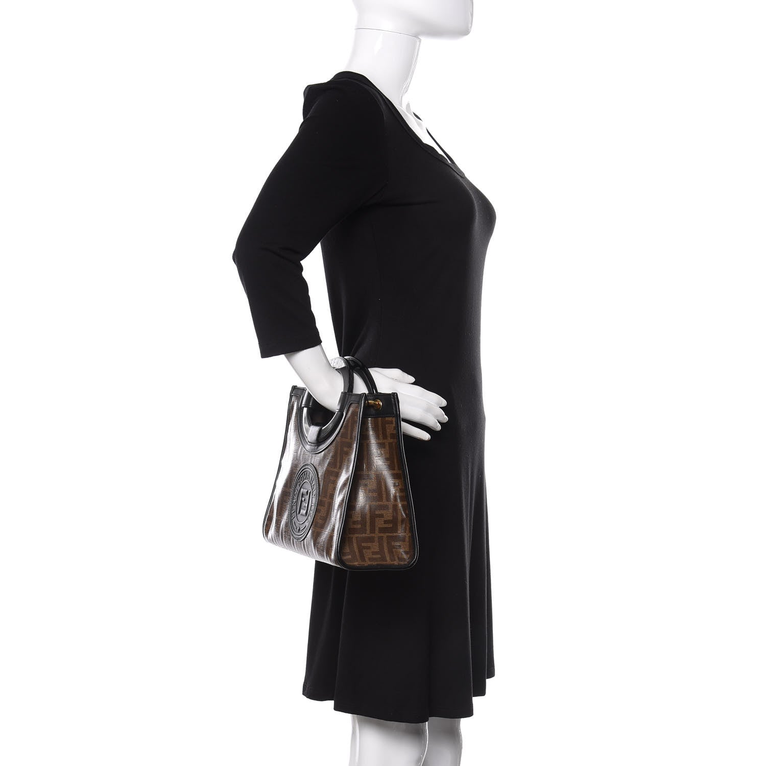 Fendi Glazed Fabric Vitello Century Plexiglass FF 1974 Stamp Patch Small Runaway Shopper Tote Mogano Panna Black 3 of 12