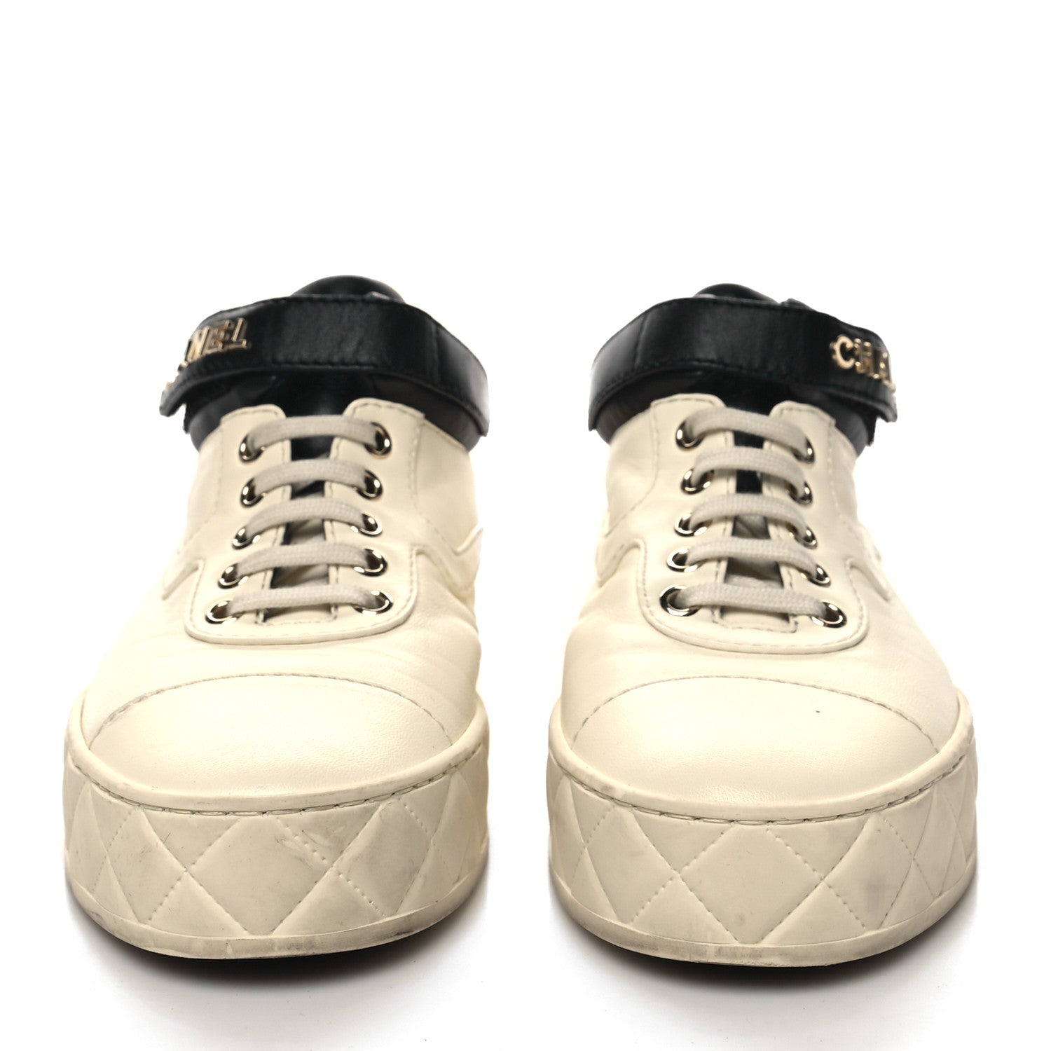 Chanel Lambskin Logo Strap Sneakers 37 Ivory Black 2 of 11