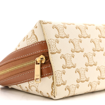 Celine Lambskin Triomphe Canvas Clutch With Chain White Tan 10 of 13