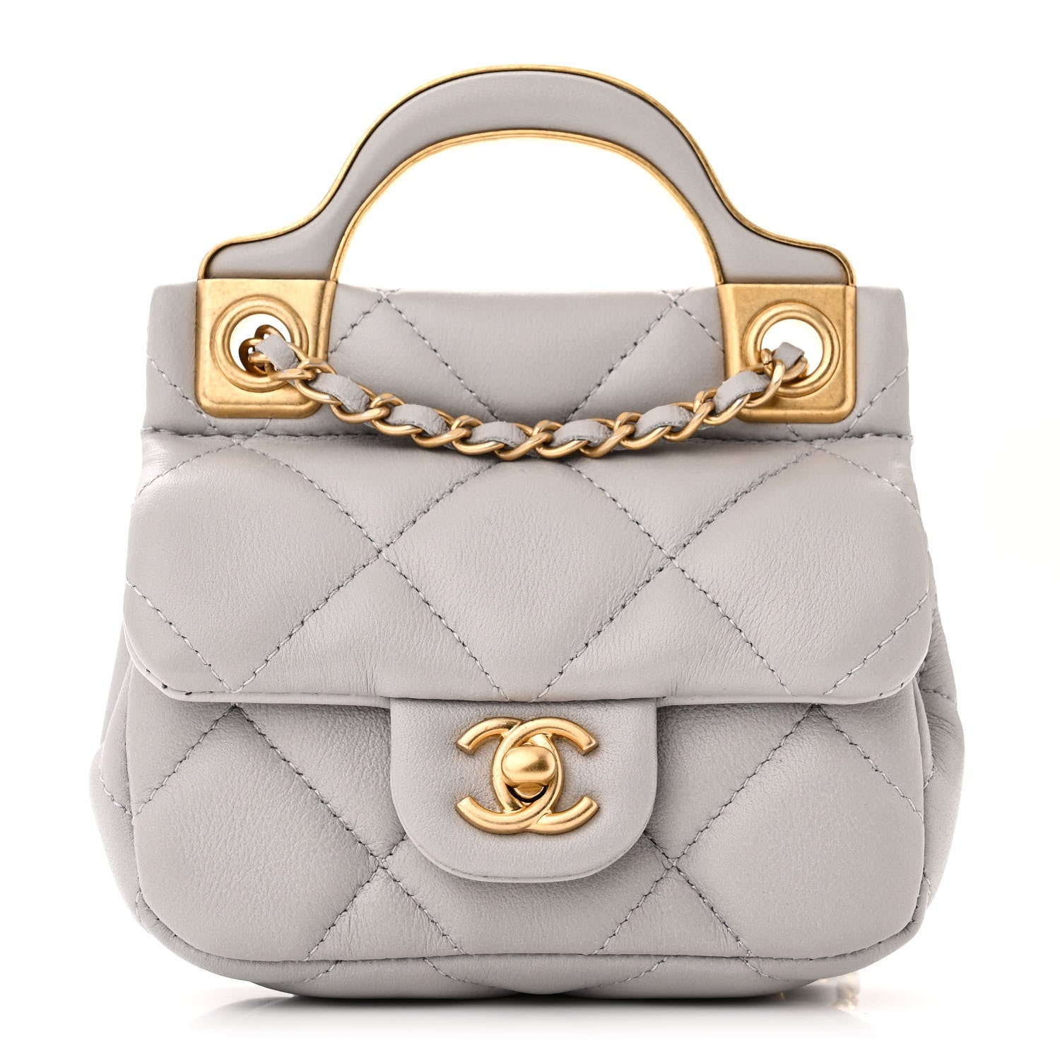 Chanel Calfskin Quilted Lady Handle Flap Card Holder With Chain Grey 1 of 12