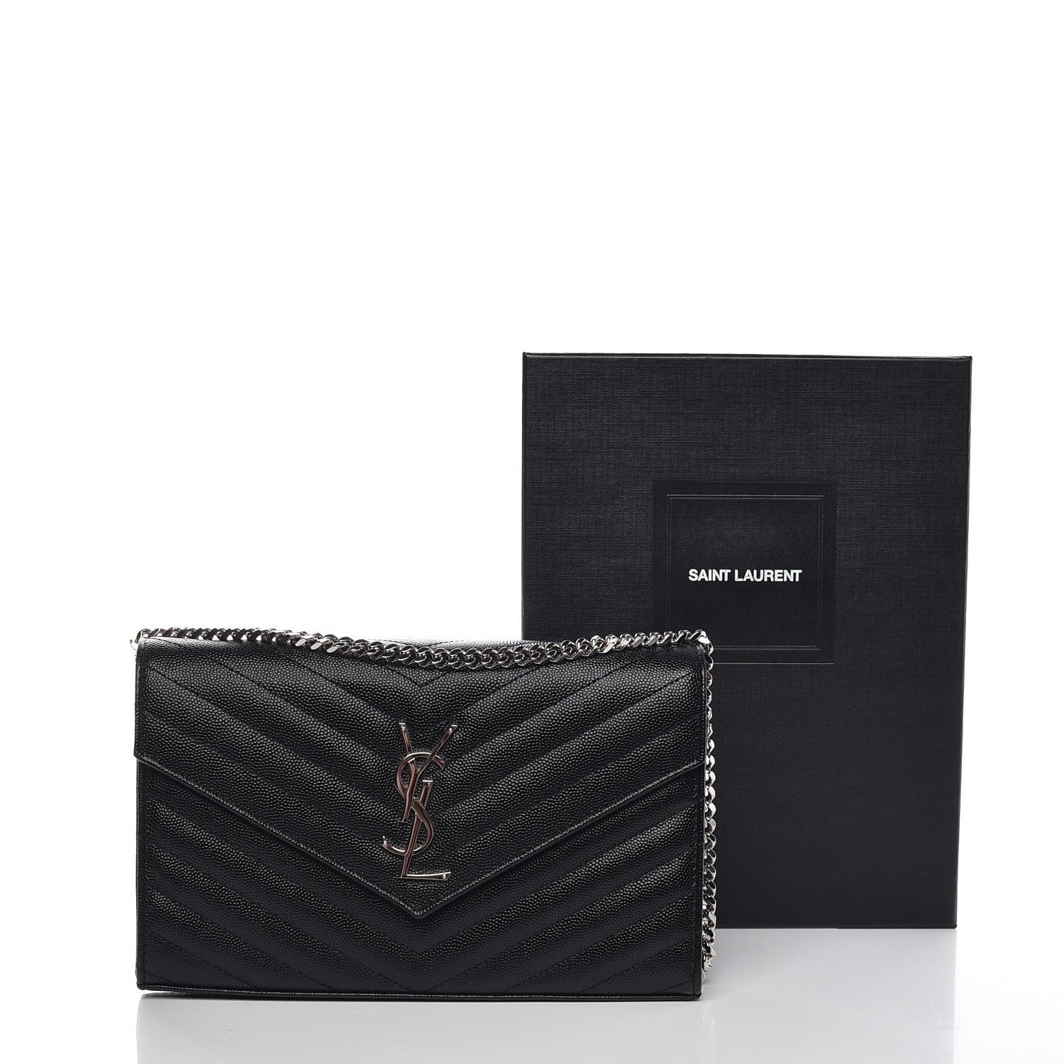 Saint Laurent Grain De Poudre Matelasse Chevron Medium Monogram Chain Wallet Black 8 of 8