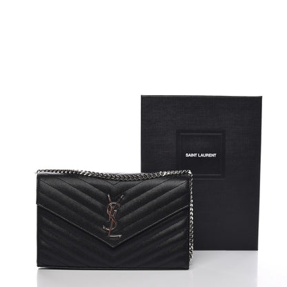Saint Laurent Grain De Poudre Matelasse Chevron Medium Monogram Chain Wallet Black 8 of 8