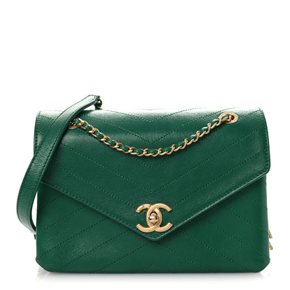 Chanel Lambskin Chevron Stitched Envelope Flap Bag Green 1 of 12
