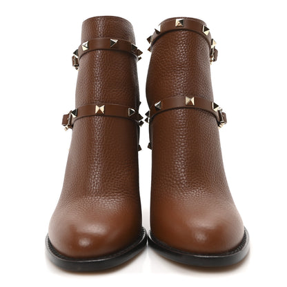 Valentino Garavani Pebbled Calfskin Rockstud Double Buckle 70mm Block Heel Ankle Boots 37.5 Bright Cognac 3 of 9