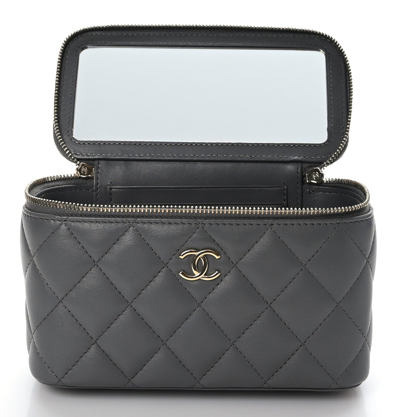 Lambskin Quilted Small Top Handle Vanity Case With Chain Dark Grey