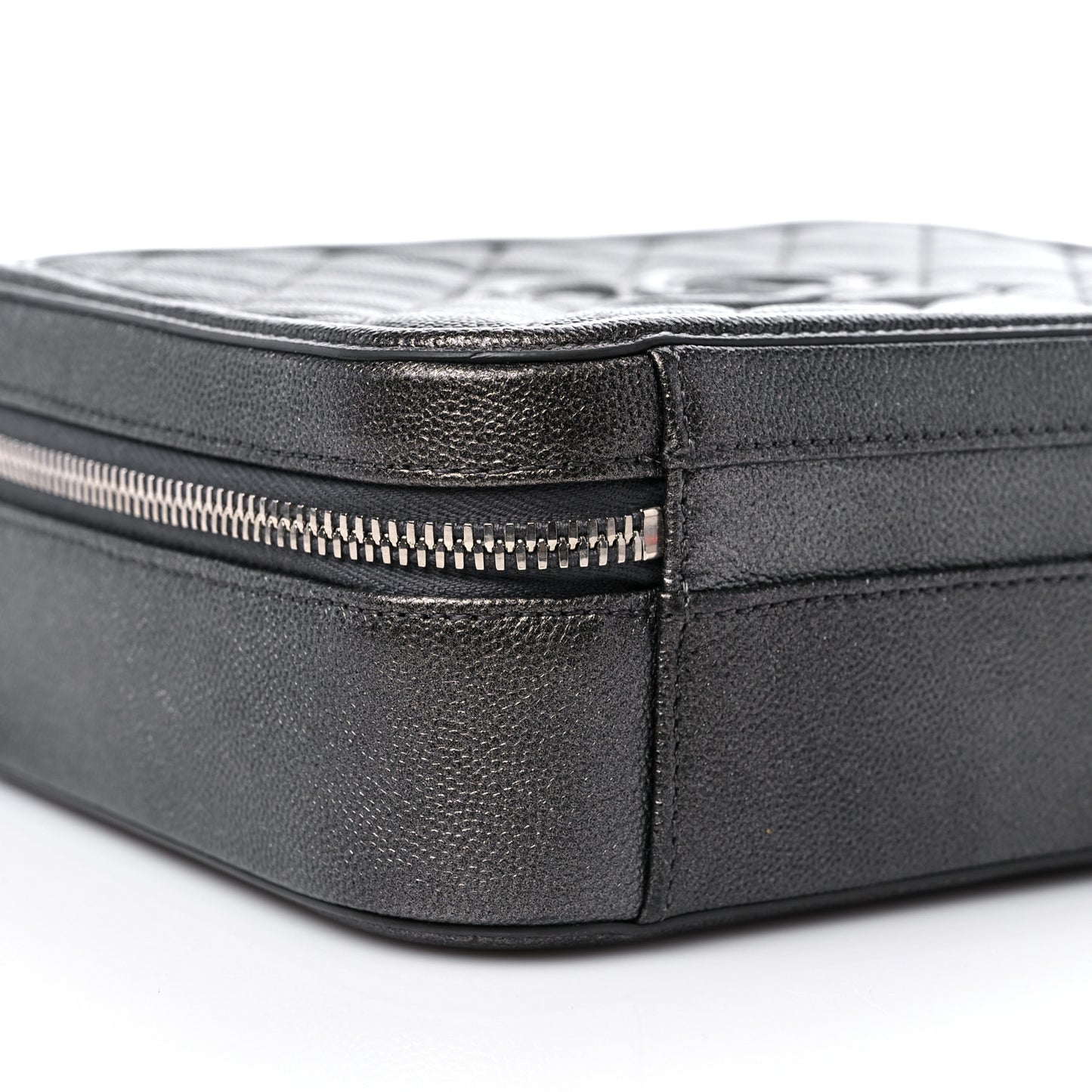Metallic Caviar Quilted Medium CC Filigree Vanity Case Dark Silver