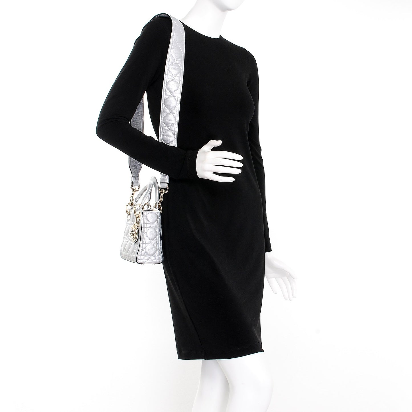 Metallic Grained Calfskin Cannage Mini Lady Dior Silver