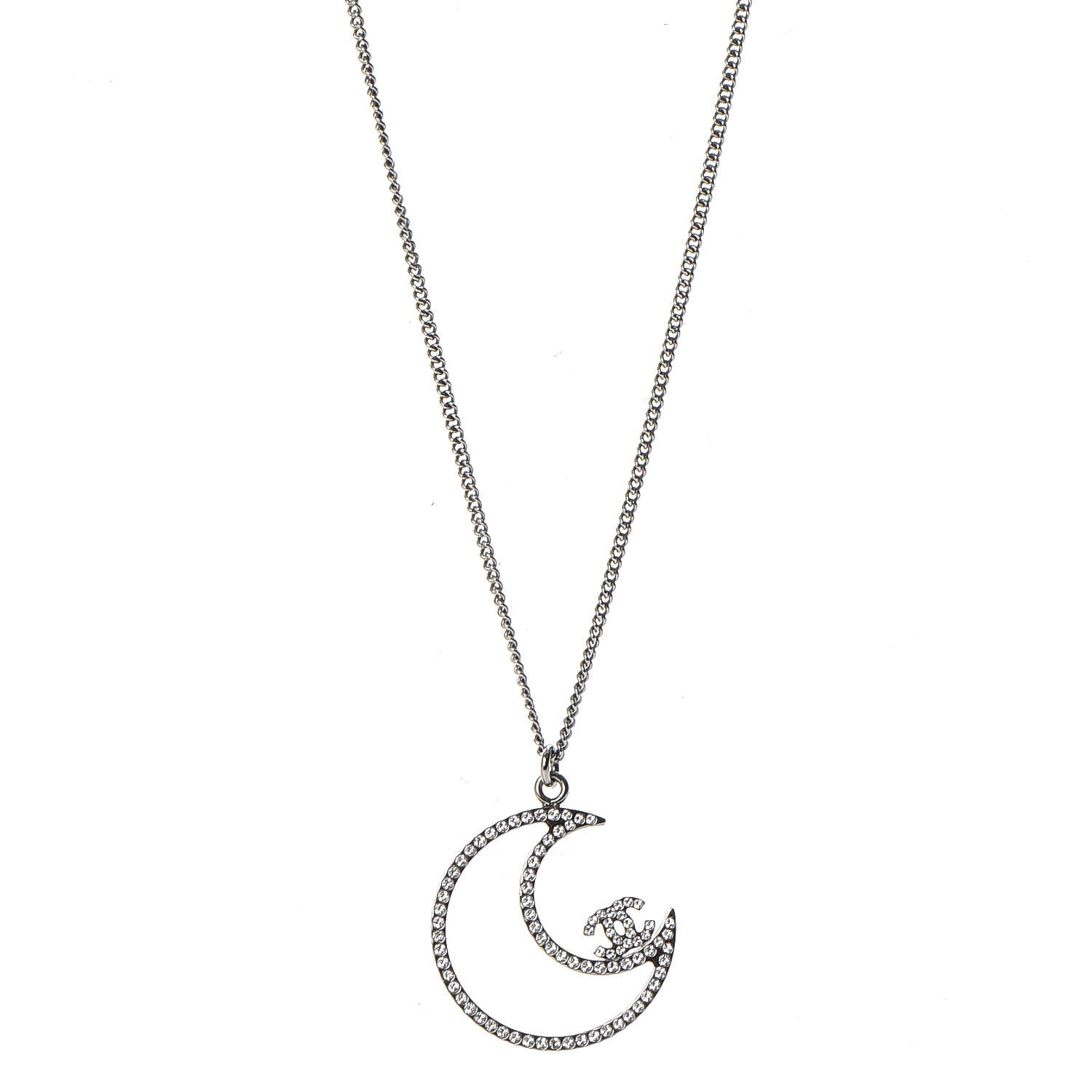 Chanel Ruthenium Crystal CC Moon Pendant Necklace 1 of 7