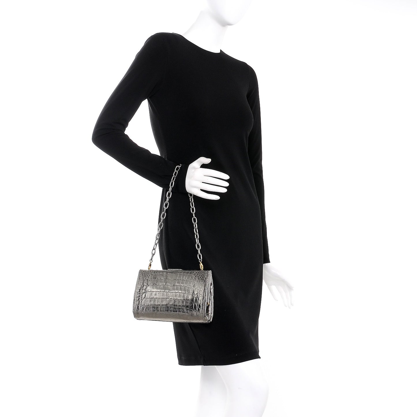 Metallic Crocodile Slim Frame Chain Clutch Silver