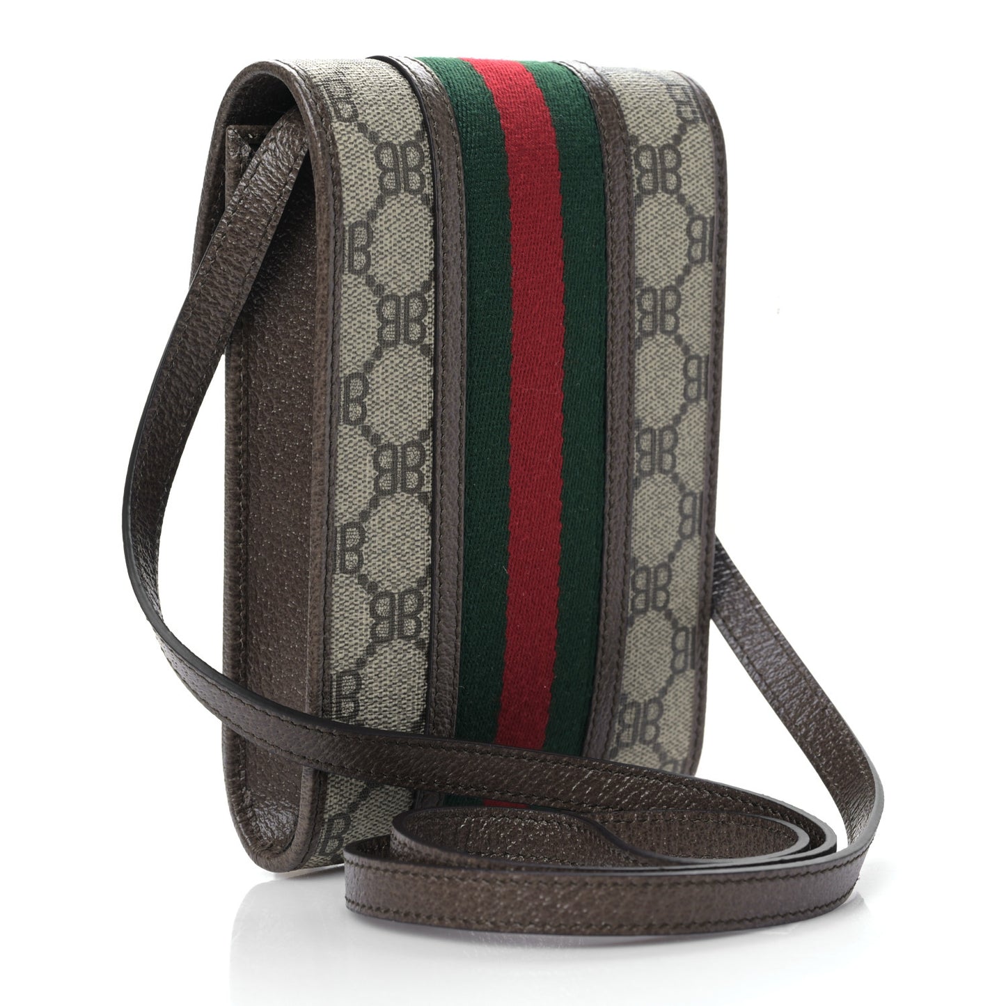X BALENCIAGA BB Supreme Monogram Web Ophidia Phone Crossbody Bag Beige New Acero