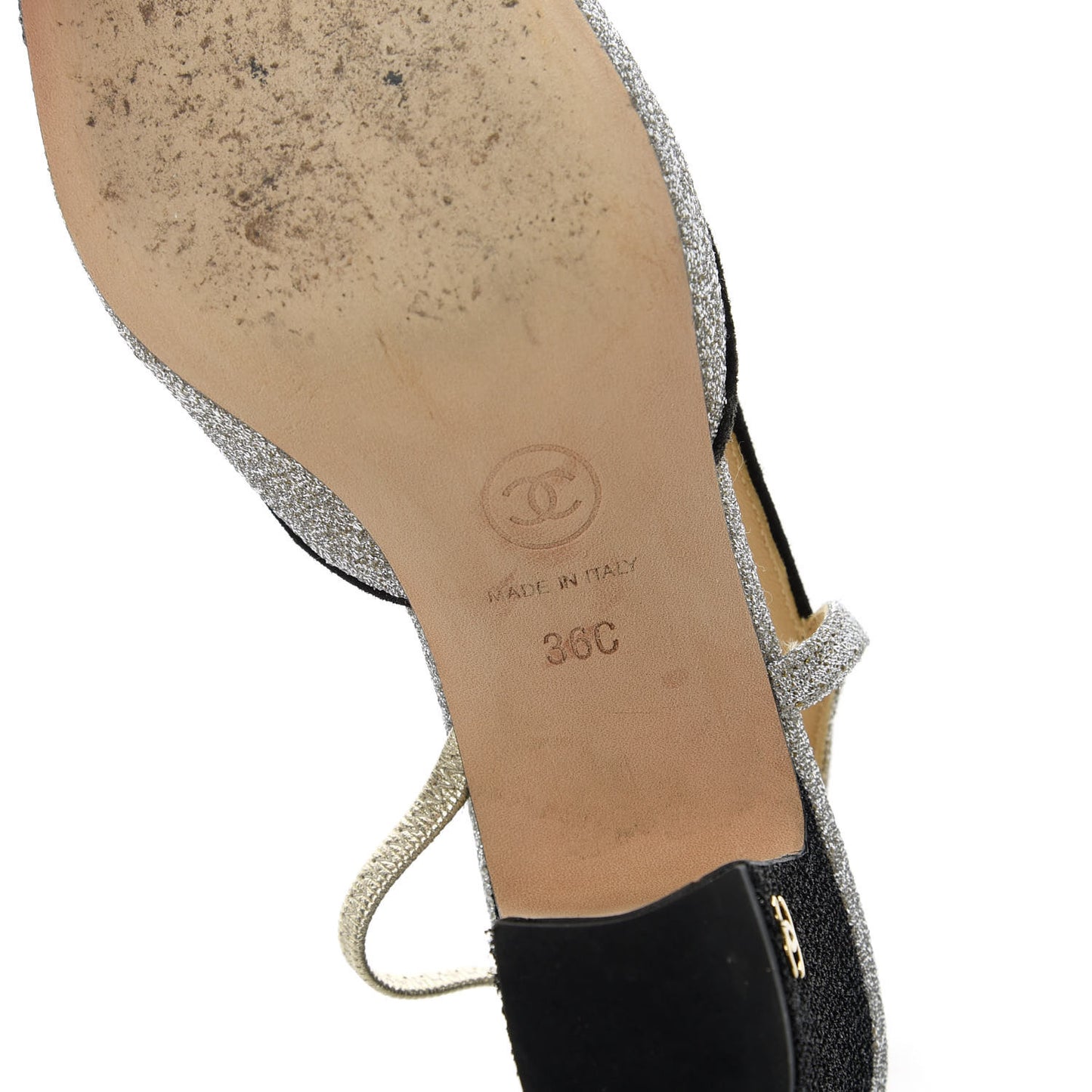 Glitter Grosgrain Cap Toe CC Slingback Pumps 36 Silver Black