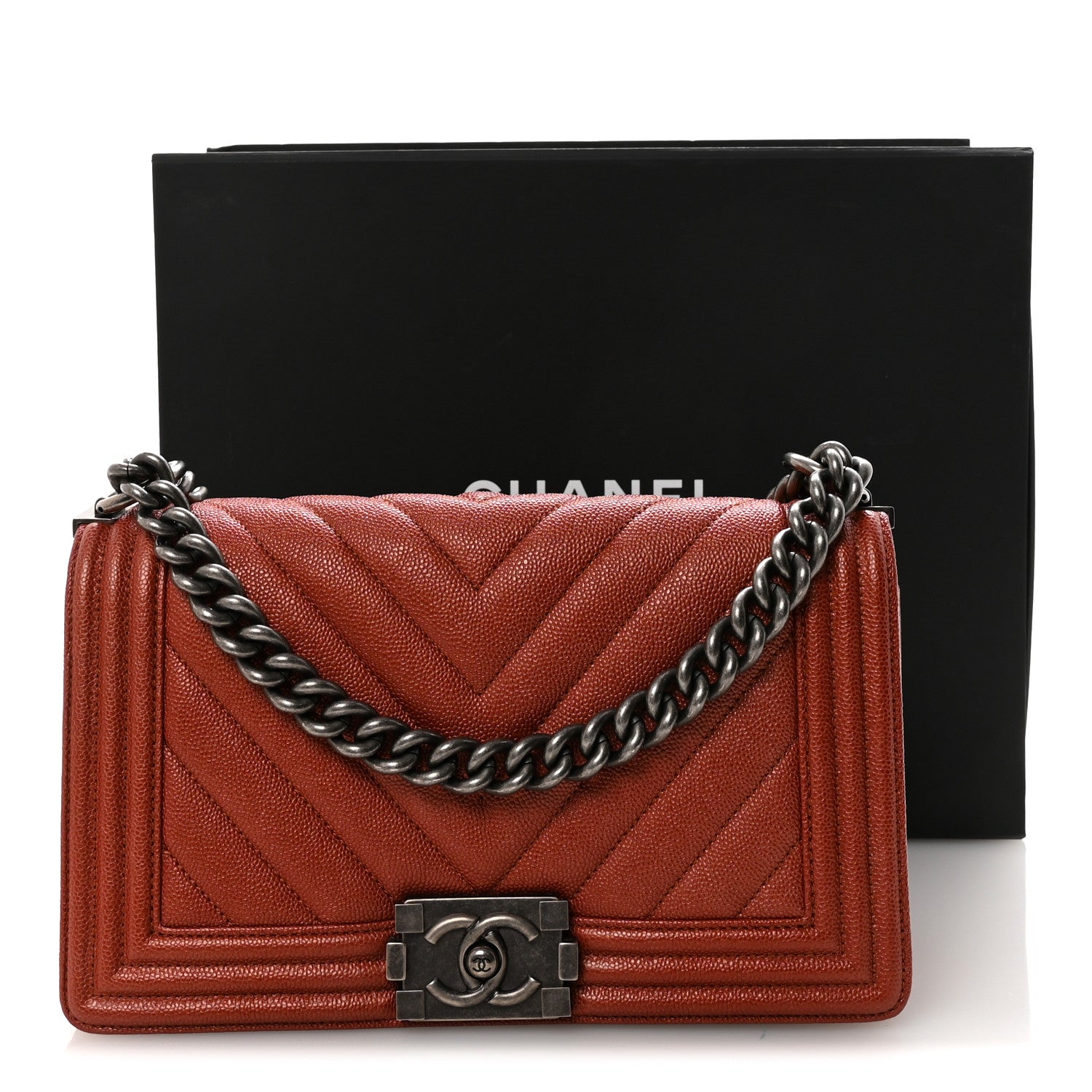 Chanel Metallic Caviar Chevron Quilted Medium Boy Flap Orange 11 of 11