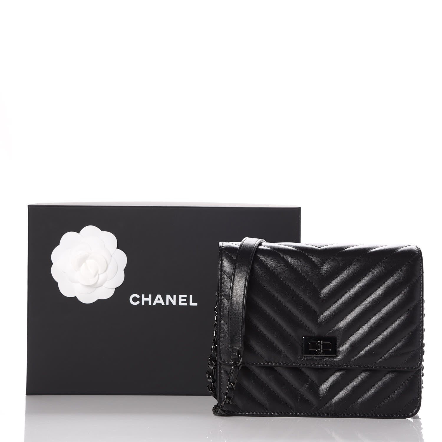 Chanel Aged Calfskin Chevron Quilted Reissue 2.55 Square Wallet On Chain WOC So Black 10 of 10
