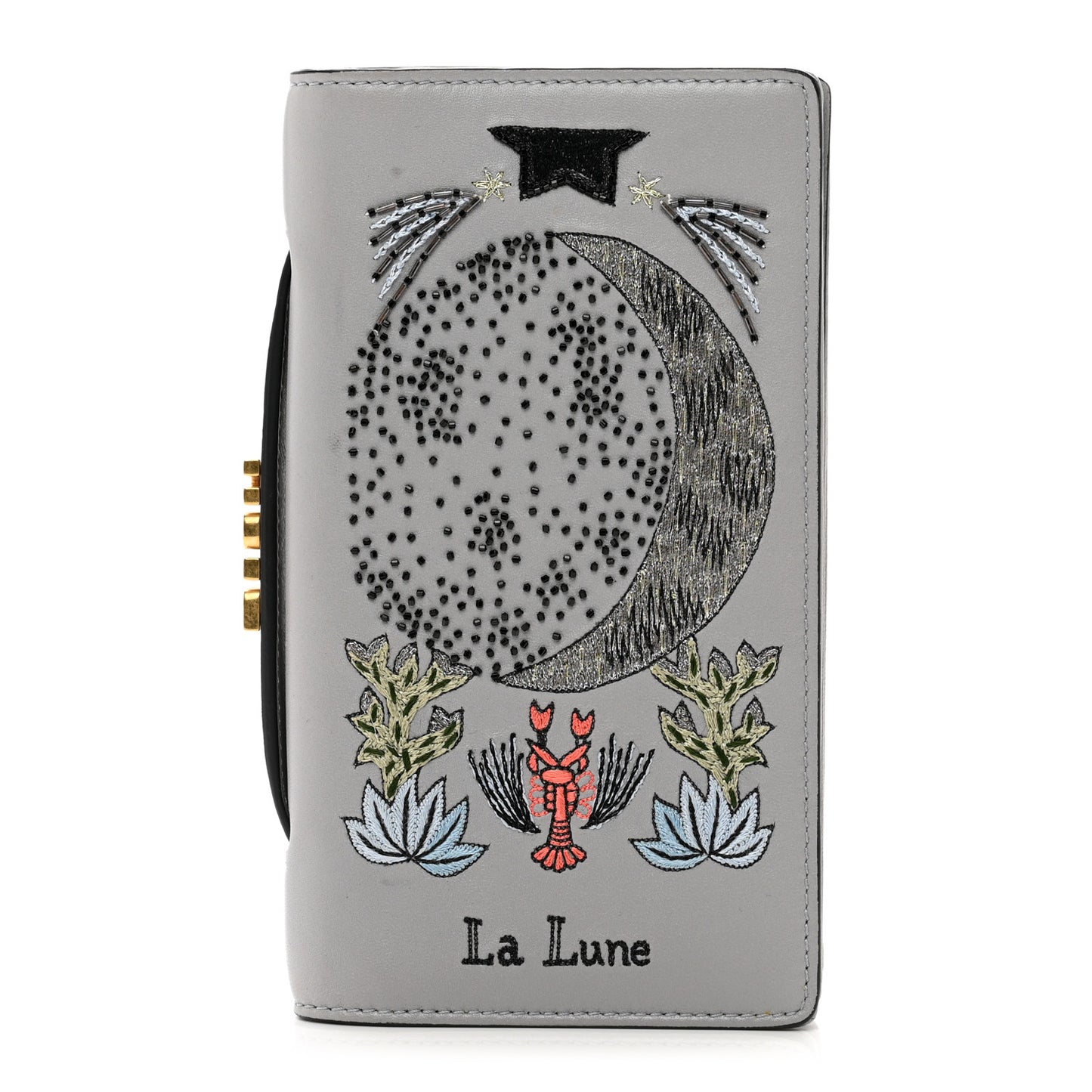 Lambskin Embroidered La Lune Tarot Pouch Clutch Grey