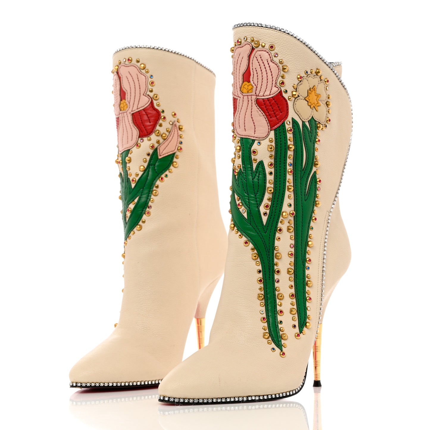 Calfskin Floral Crystal Embroidered Fosca Boots 36.5 Mystic White