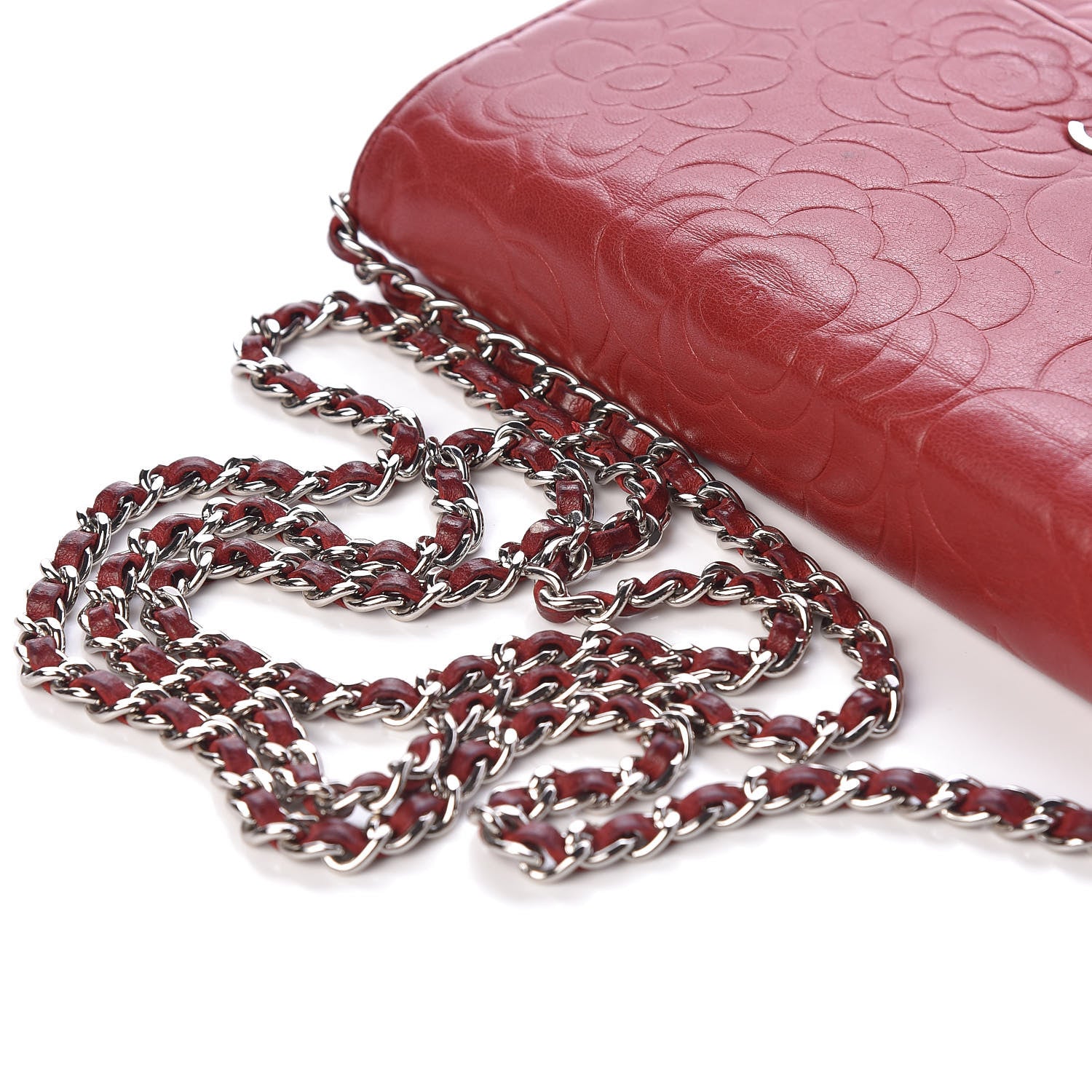 Chanel Lambskin Camellia Embossed Wallet On Chain WOC Dark Red 13 of 14