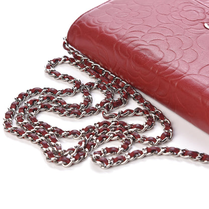 Chanel Lambskin Camellia Embossed Wallet On Chain WOC Dark Red 13 of 14