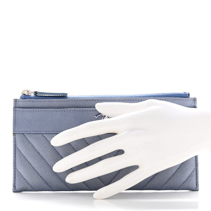 Chanel Metallic Caviar Chevron Quilted Mademoiselle Vintage Zip Pouch Blue 2 of 9