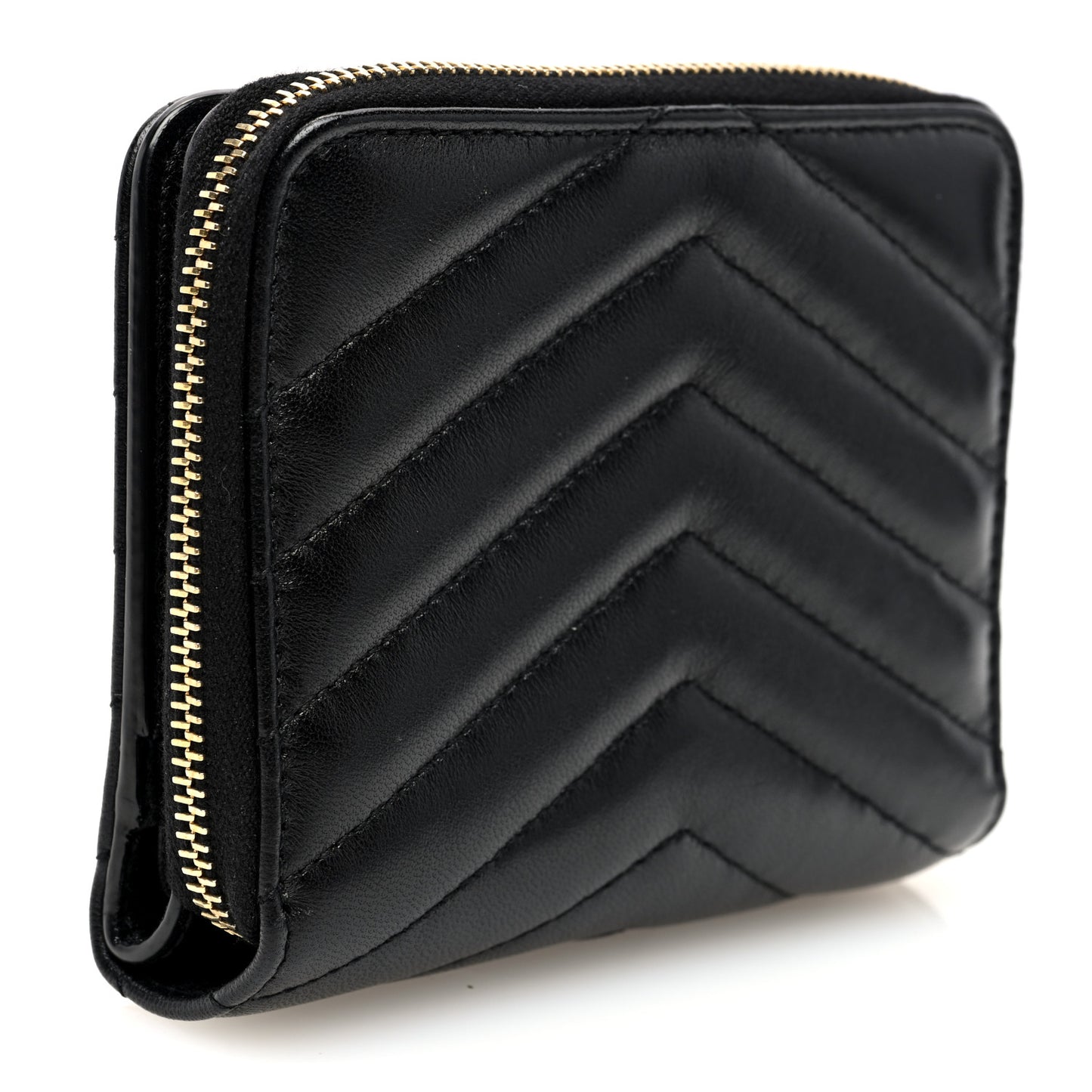 Lambskin Matelasse Chevron Monogram Compact Zip Around Wallet Black