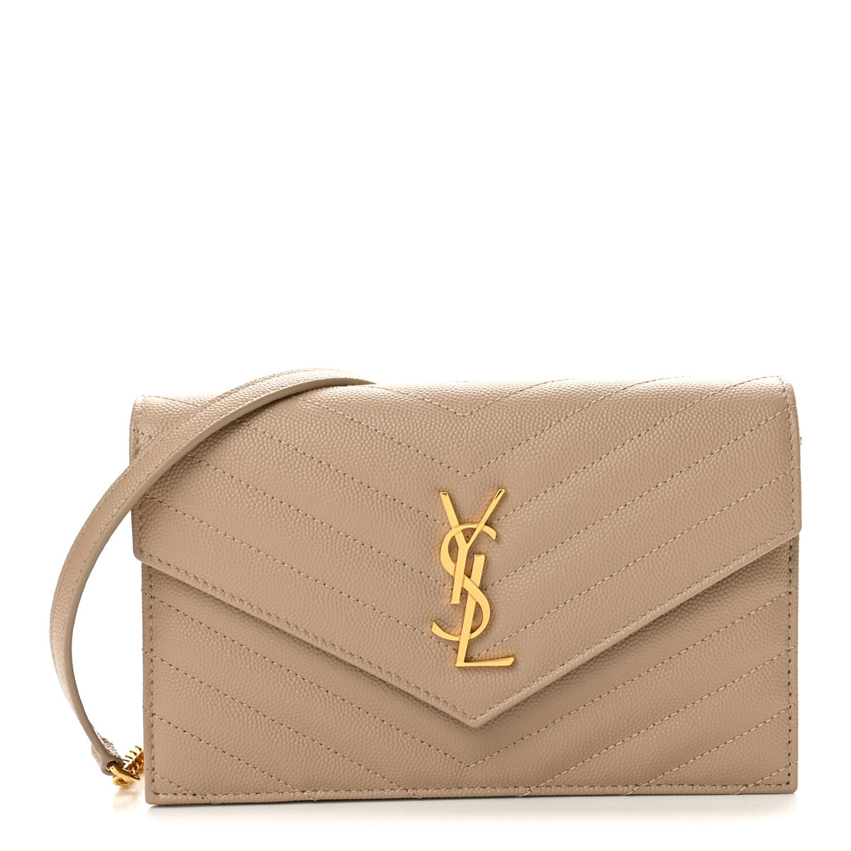 Saint Laurent Grain De Poudre Matelasse Chevron Monogram Envelope Chain Wallet Dark Beige 1 of 12