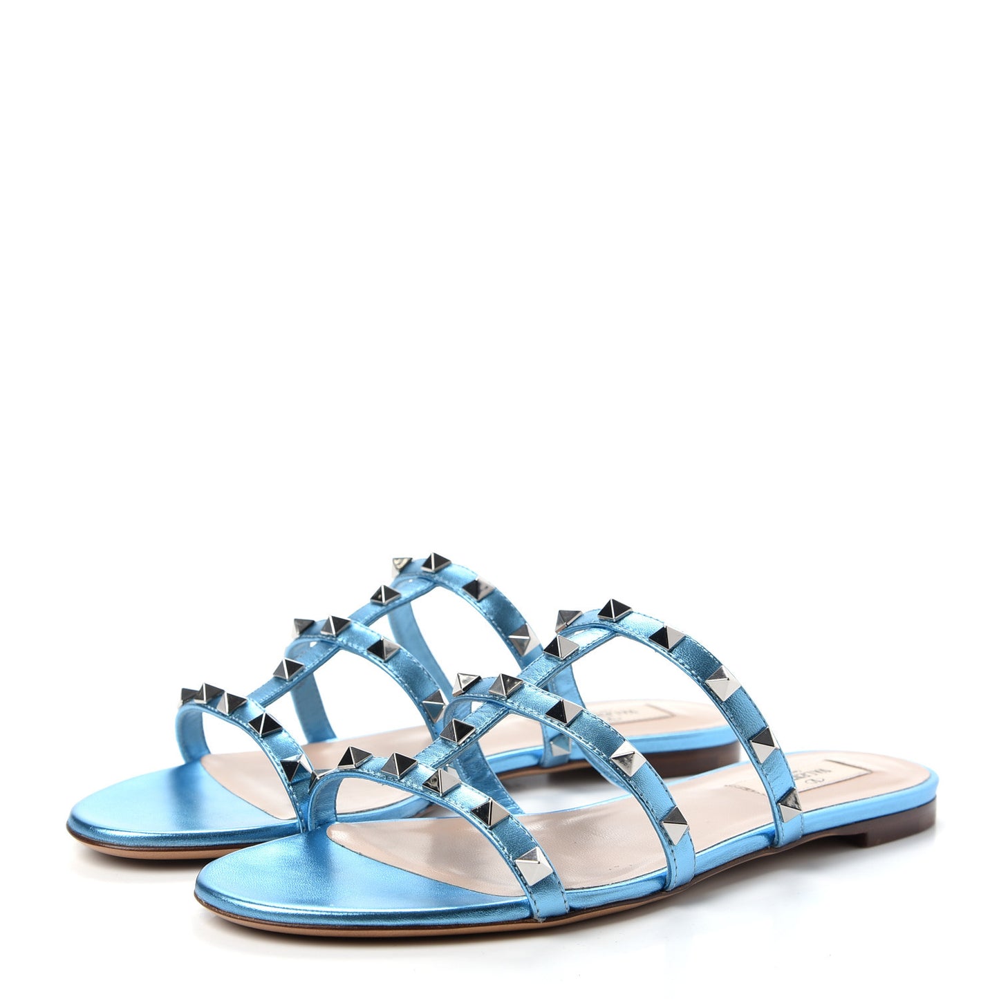Metallic Nappa Rockstud Caged Flat Slide Sandals 38.5 Cerulean