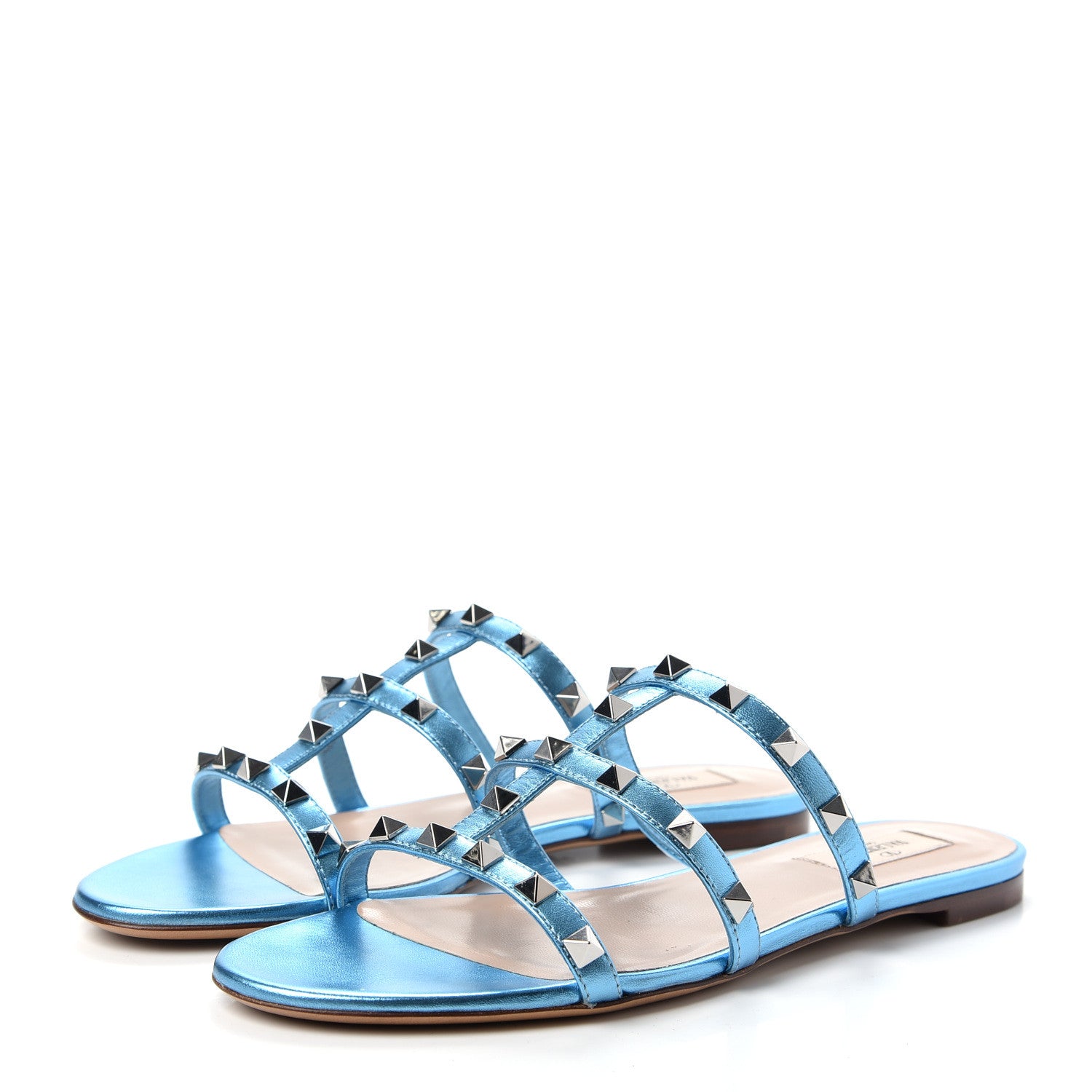 Valentino Garavani Metallic Nappa Rockstud Caged Flat Slide Sandals 38.5 Cerulean 3 of 11