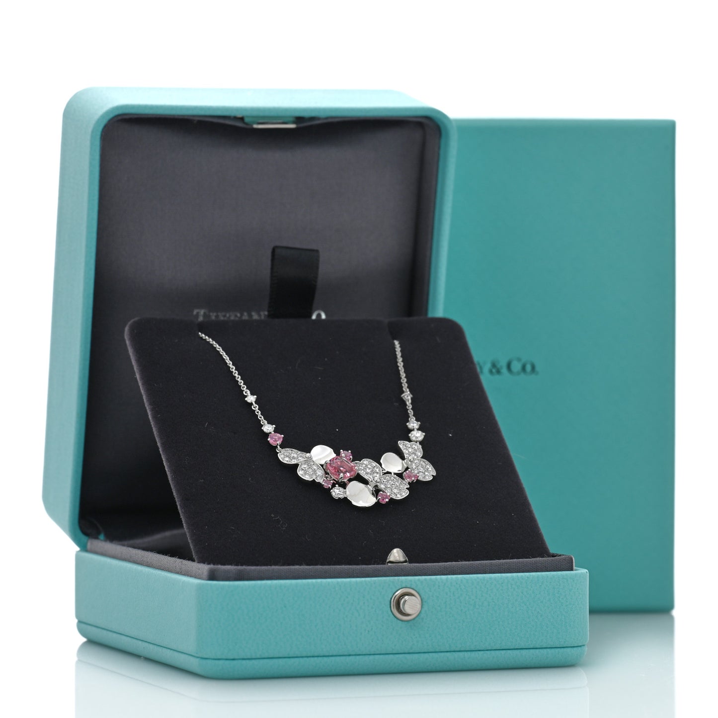 Platinum Diamond Pink Tourmaline Paper Flowers Cluster Pendant Necklace