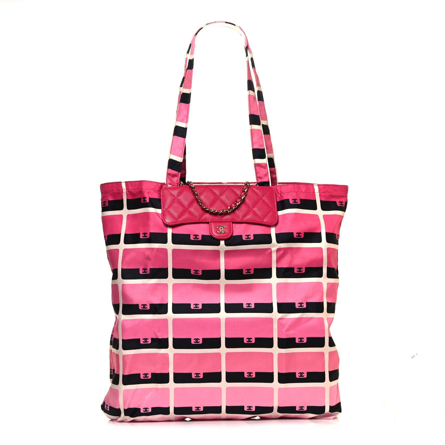 Caviar Fabric Quilted Foldable Tote With Chain Pink Multicolor