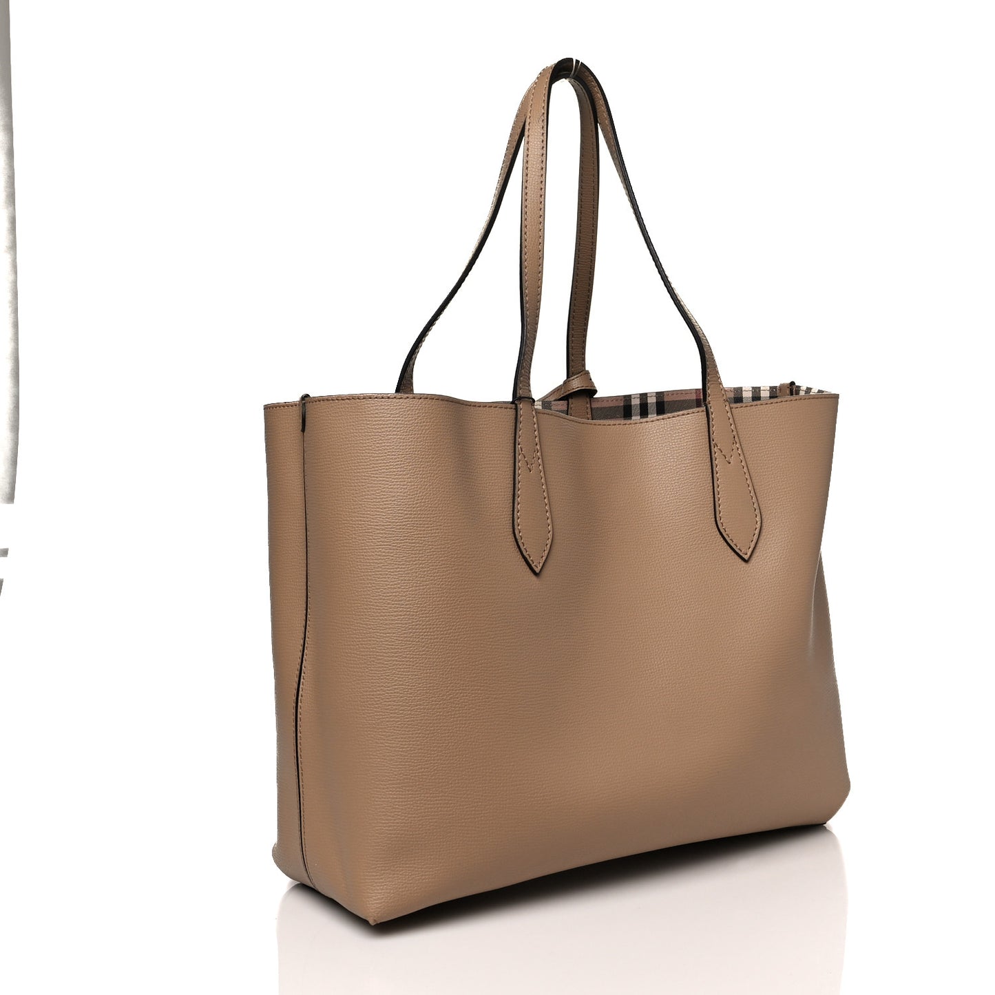 Grainy Calfskin Haymarket Check Medium Reversible Tote Camel