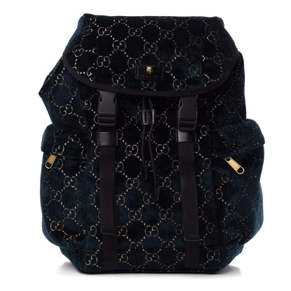 Gucci Velvet GG Monogram Web Medium Double Buckle Backpack Blue Beige Black 1 of 9