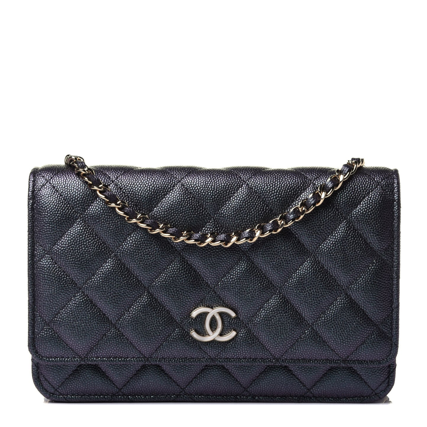 Iridescent Caviar Quilted Wallet On Chain WOC Green