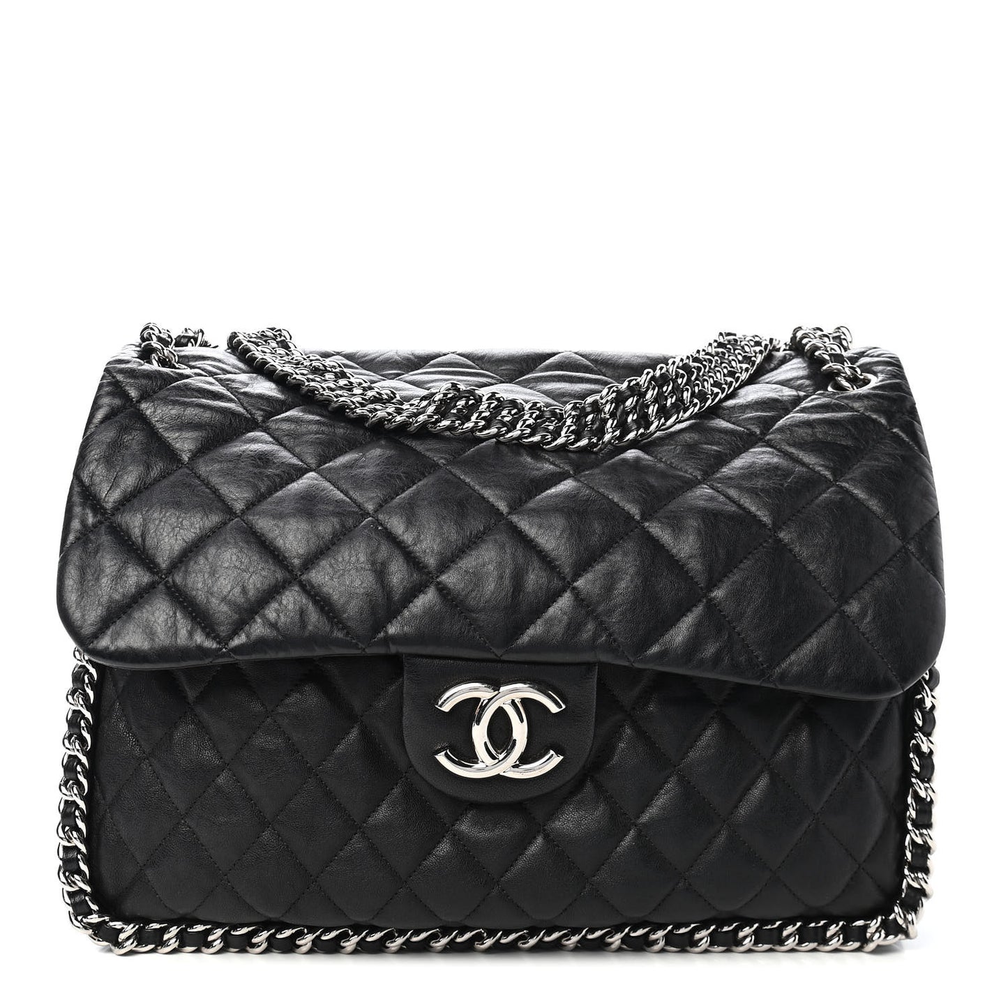 Washed Lambskin Quilted Maxi Chain Around Flap Black