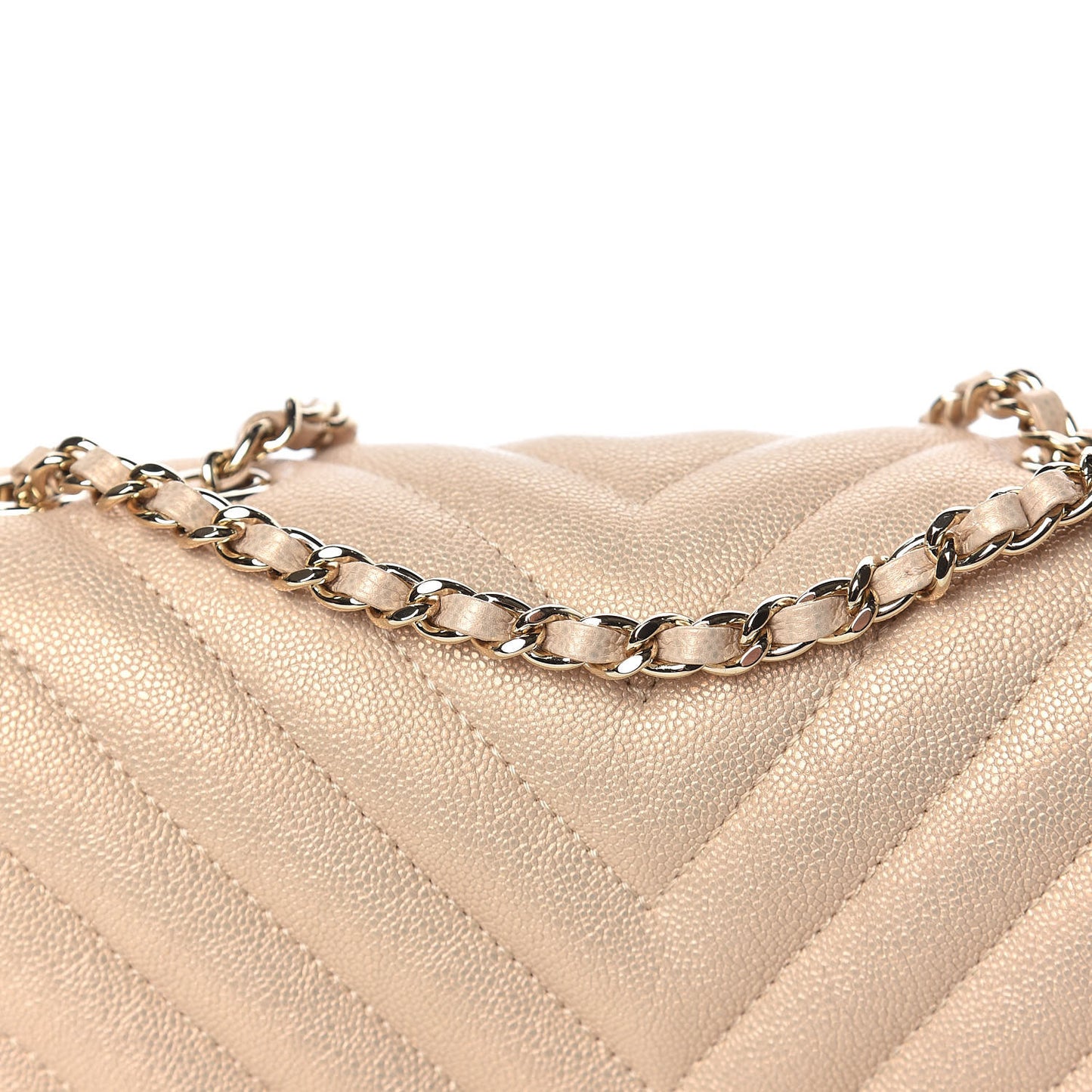 Metallic Caviar Chevron Quilted Mini Statement Flap Beige