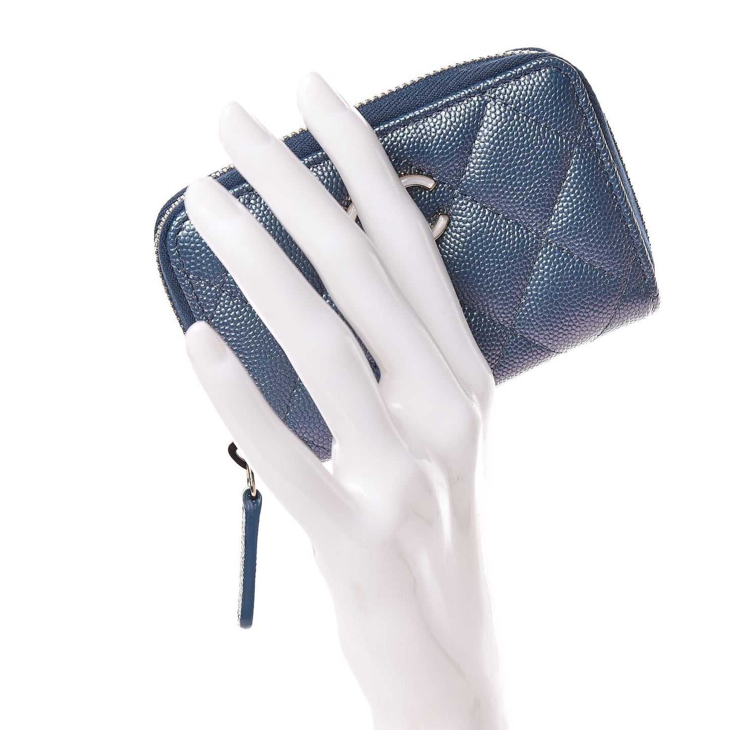 Iridescent Caviar Quilted Zip Coin Purse Blue