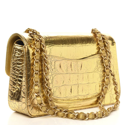 Chanel Metallic Calfskin Crocodile Embossed Cocodile Small Double Flap Gold Gold 3 of 12