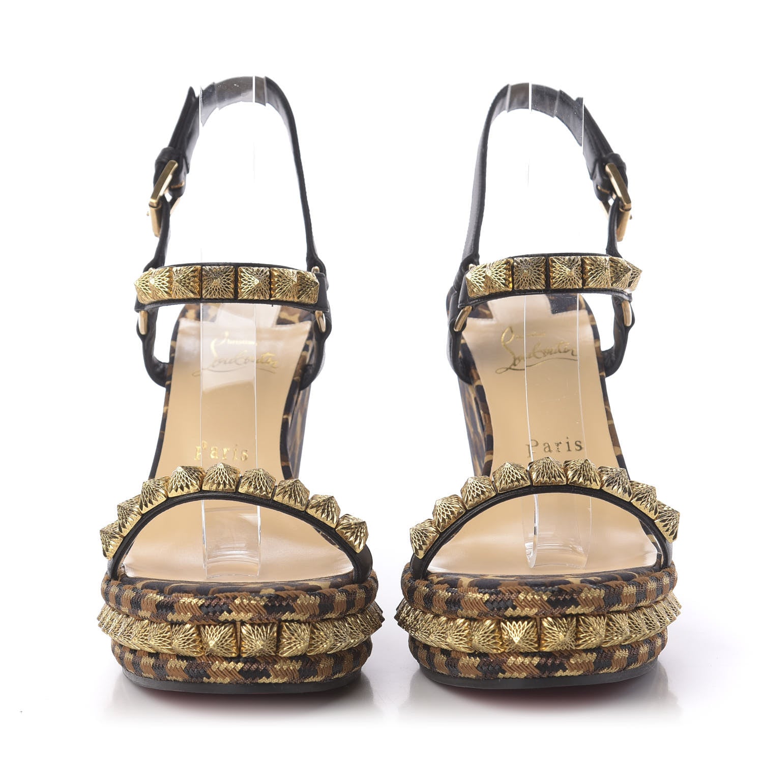 Christian Louboutin Nappa Silk Leopard Pira Ryad 110 Wedge Sandals 40 Black Marron 2 of 8