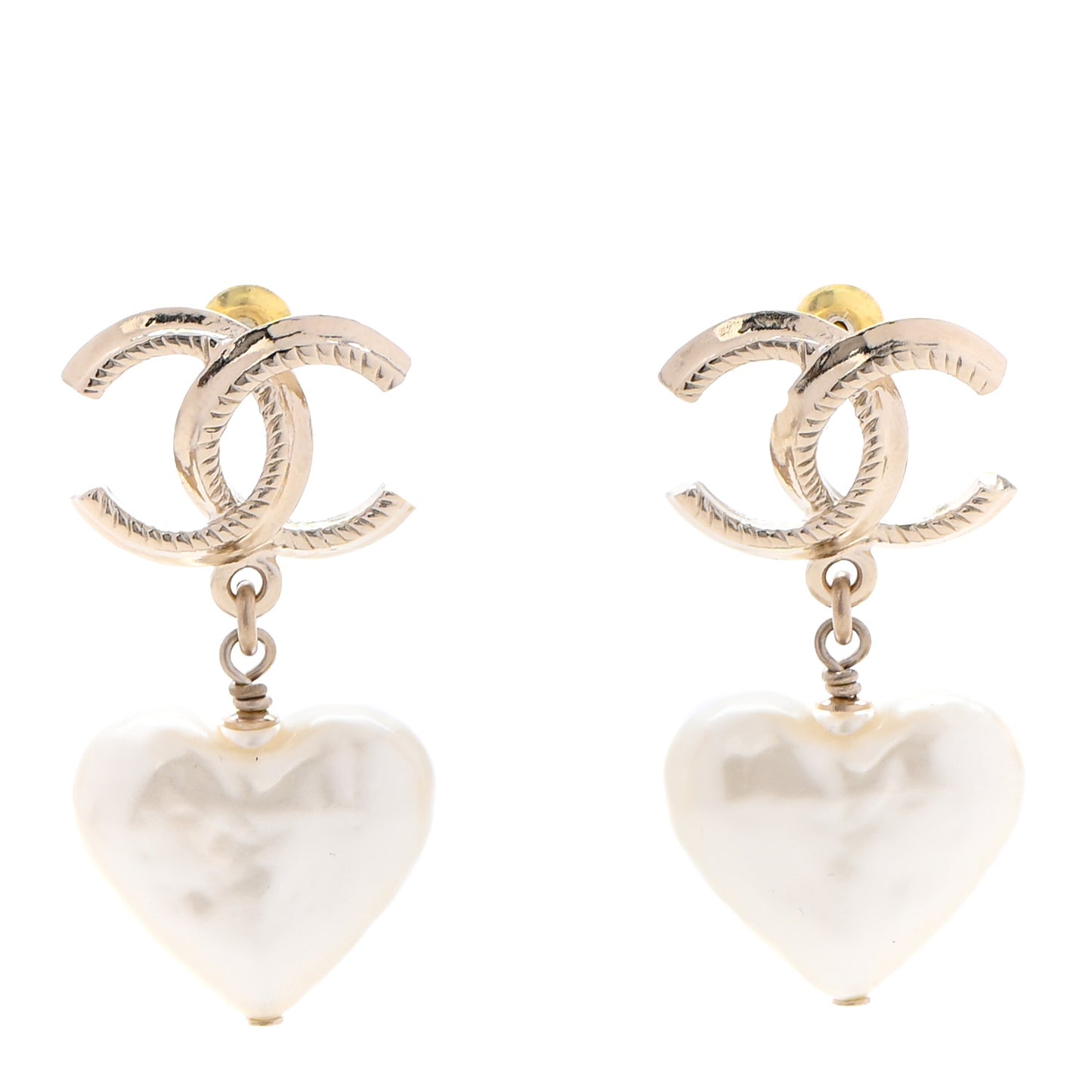 Pearl CC Heart Drop Earrings Gold